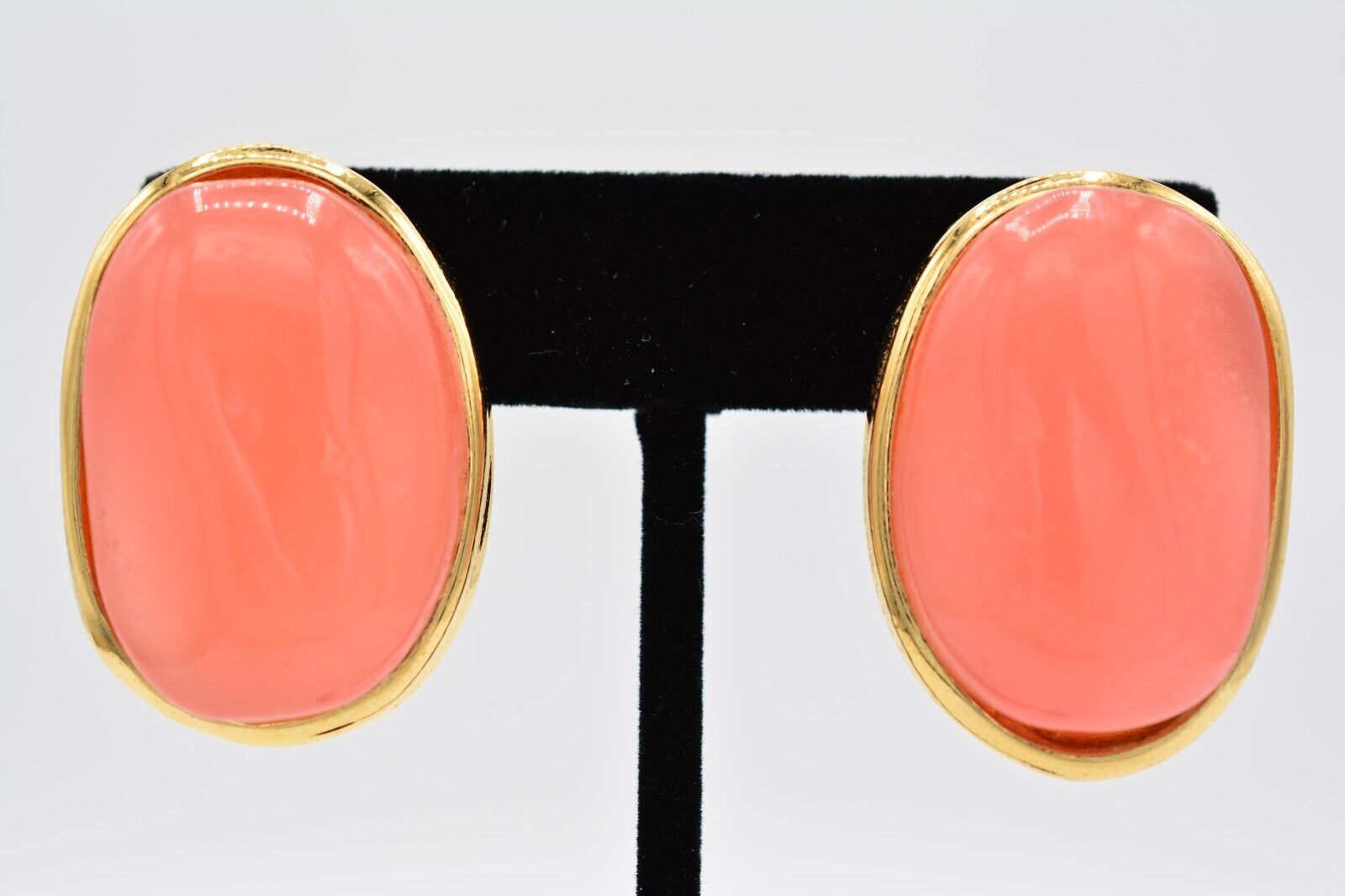 Givenchy Vintage Lucite Clip On Earrings Pink Gold Chunky Signed 1980s 80s Bin7